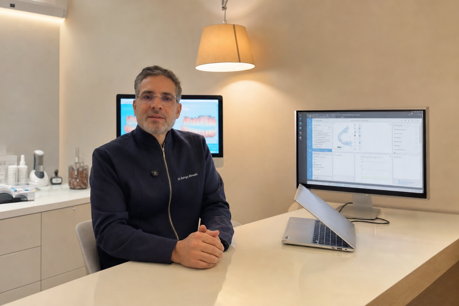 Dr. Rodrigo Almada analisando um planejamento digital na tela