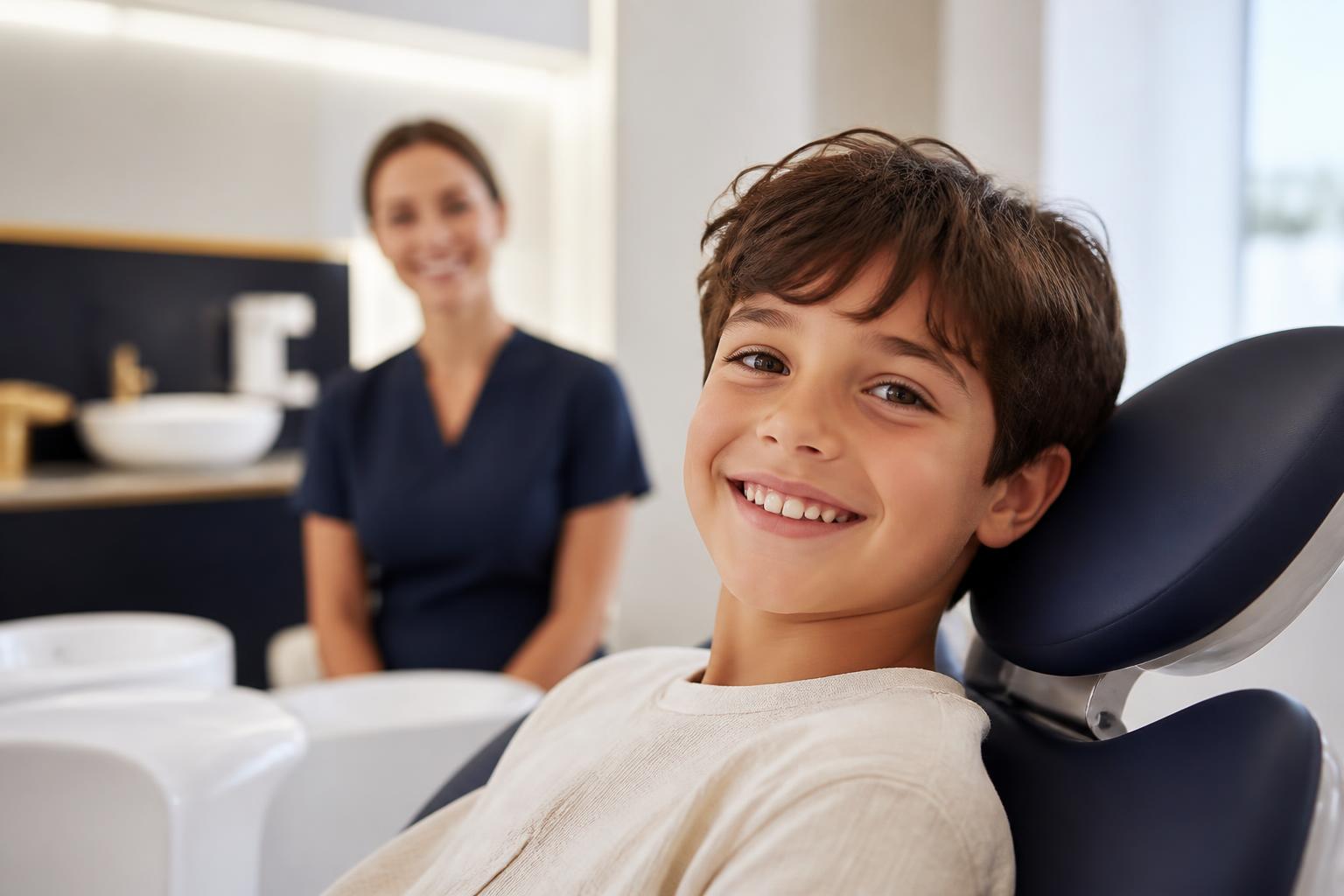 Criança sorrindo no consultório, com acompanhamento odontológico desde a infância