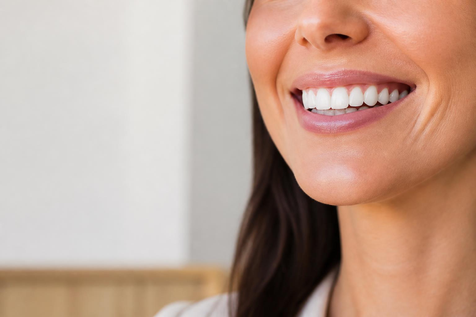 Close de um sorriso adulto natural e saudável com dentes claros