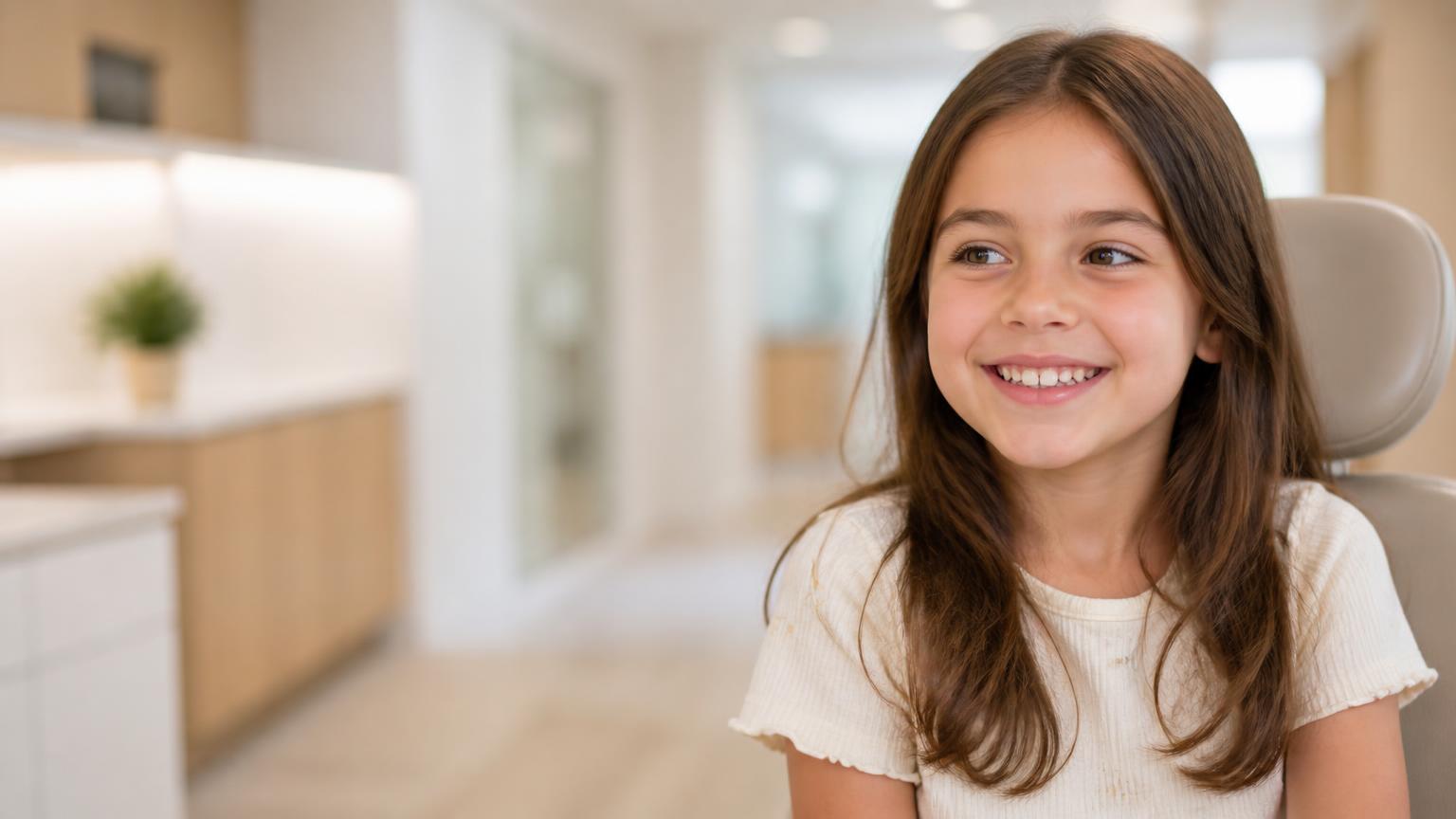 Criança sorrindo no ambiente acolhedor da clínica