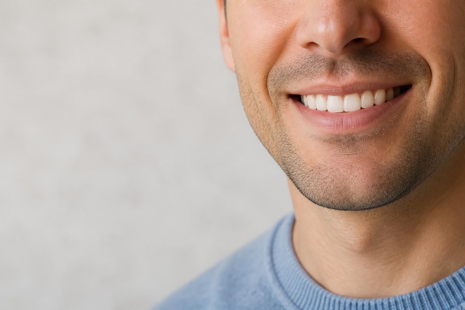 Terço inferior do rosto de um adulto sorrindo em iluminação suave