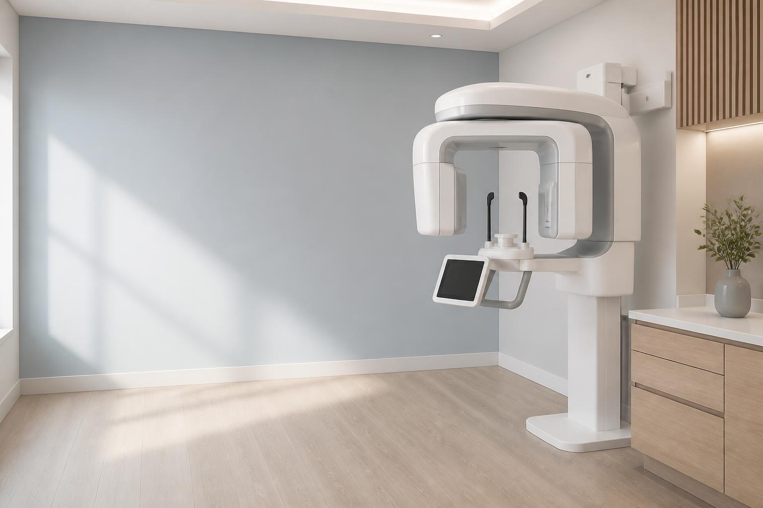 Ambiente clínico moderno com equipamento de imagem odontológica