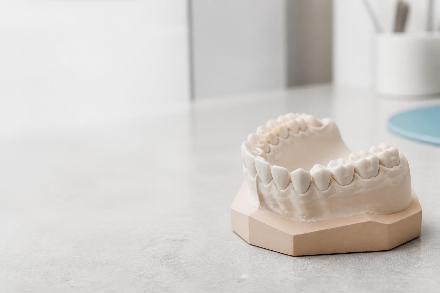 Modelo de arcada dentária sobre bancada de laboratório odontológico