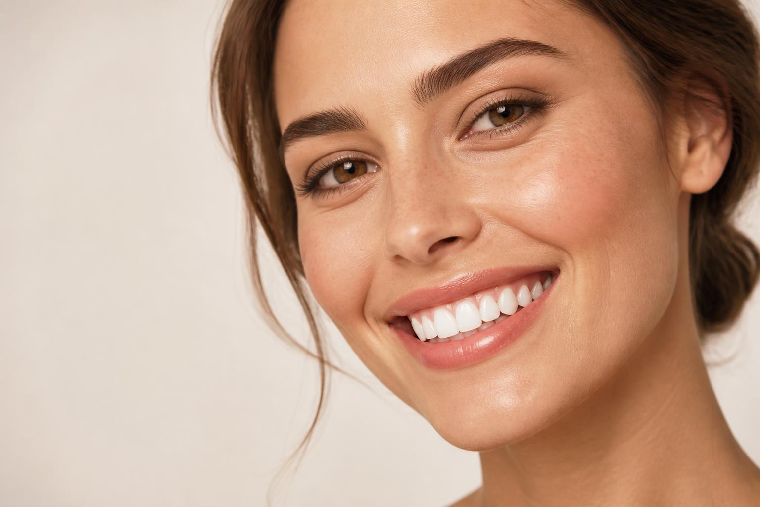 Sorriso harmonioso e luminoso em close-up editorial